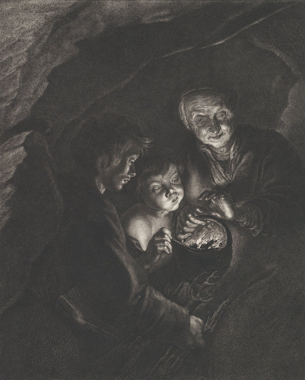 Bir tencerede yanan kömür tutan yaşlı bir kadınla bir mağarada gece sahnesi, bir çocuk üfleme..., ca. 1750-57 by Christian Friedrich Boëtius