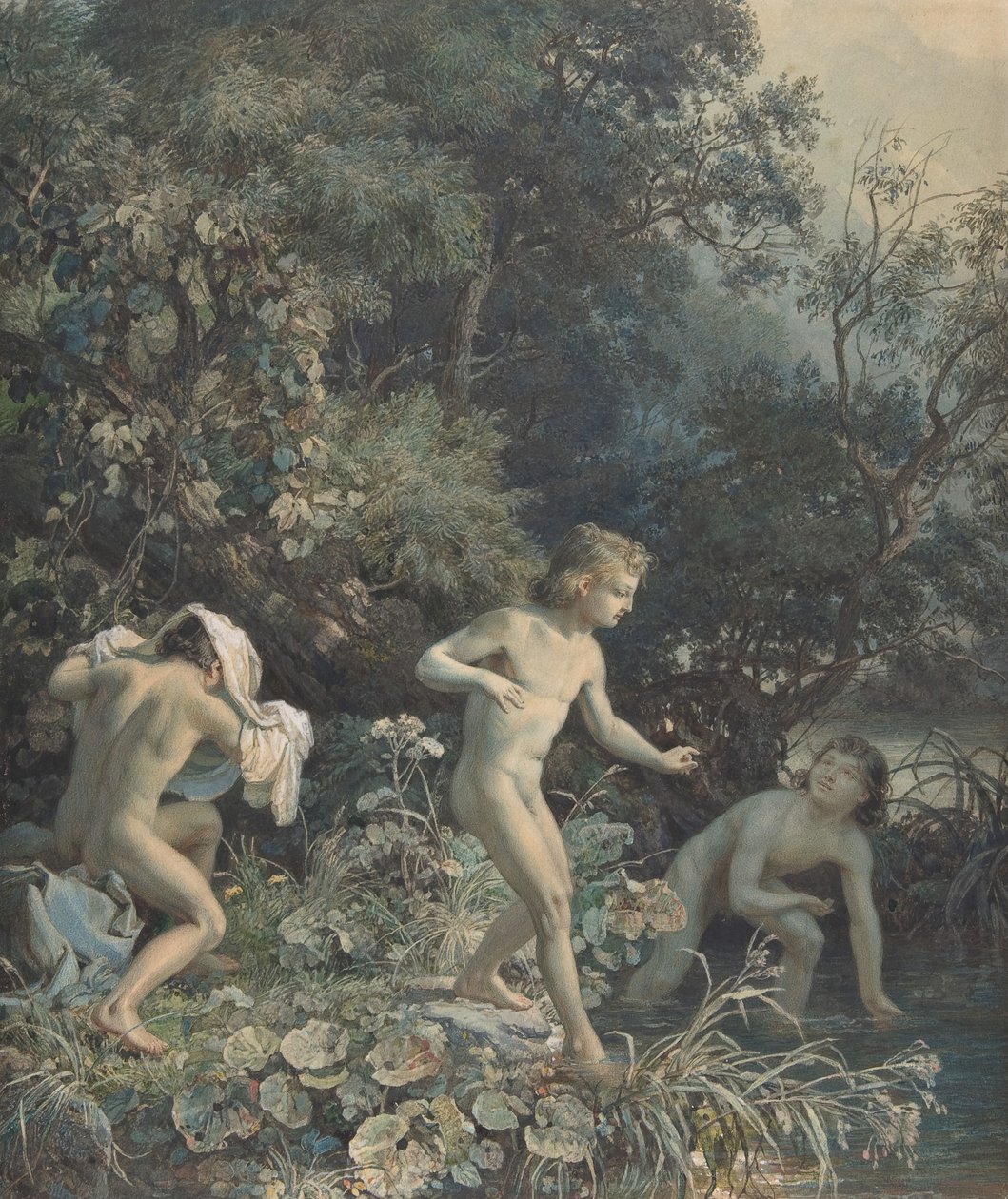 Üç Yıkanan Çocukla Nehir Kenarı, 19. yüzyıl. by Christian Friedrich Gille