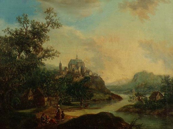 Figürlerin ön planda olduğu bir Rheinland Görünümü ve Ötesinde Bir Tepede Müstahkem Kasaba by Christian Georg II Schutz or Schuz
