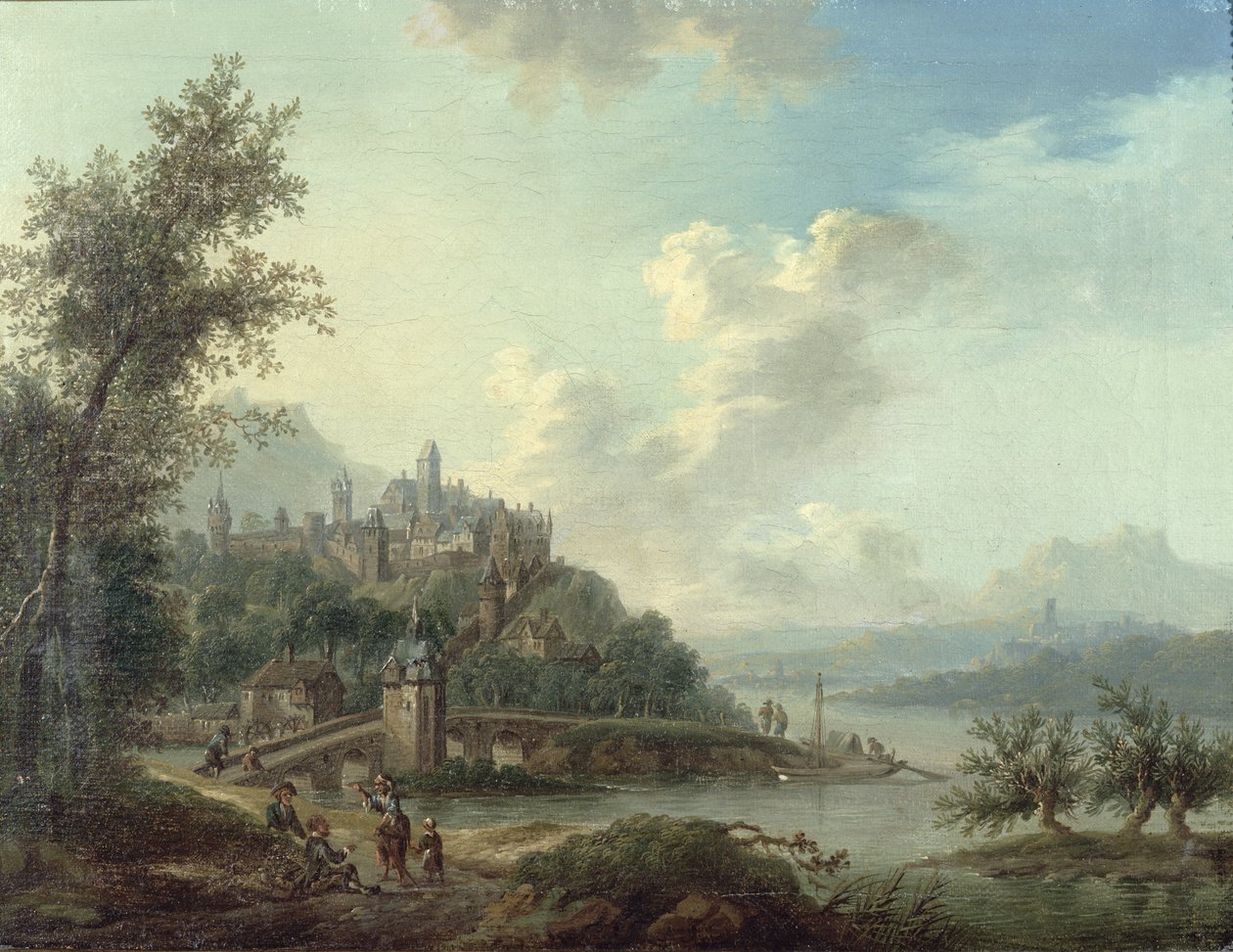 Ön planda bir Köprü ve Figürler ile bir Rheinland Manzarası ve ötesinde bir Tepede Müstahkem Kasaba by Christian Georg II Schutz or Schuz
