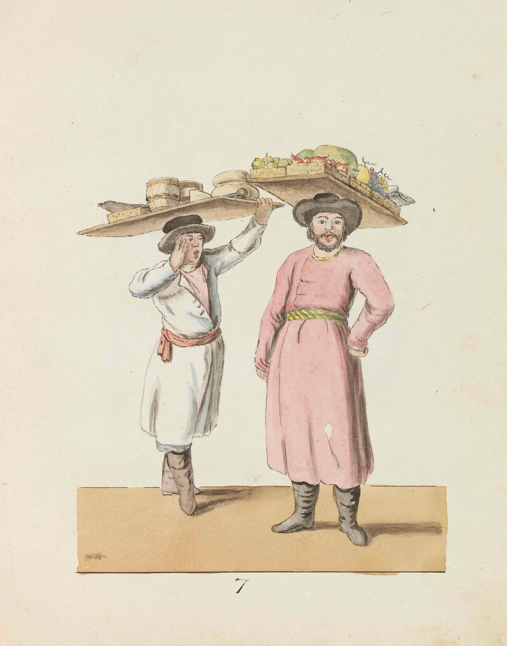 Meyve satıcısı ve peynir ve ringa balığı satan köylü St. Petersburg..., 1799 dizisinden. by Christian Gottfried Heinrich Geissler