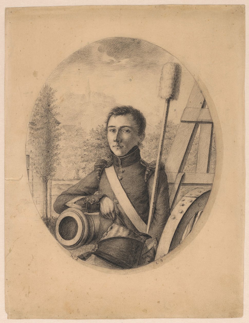 Genç bir askerin portresi, sağ elinde kepi, bir top namlusuna yaslanmış (otoportre?) by Christian Heinrich Gottlieb Steuerwald