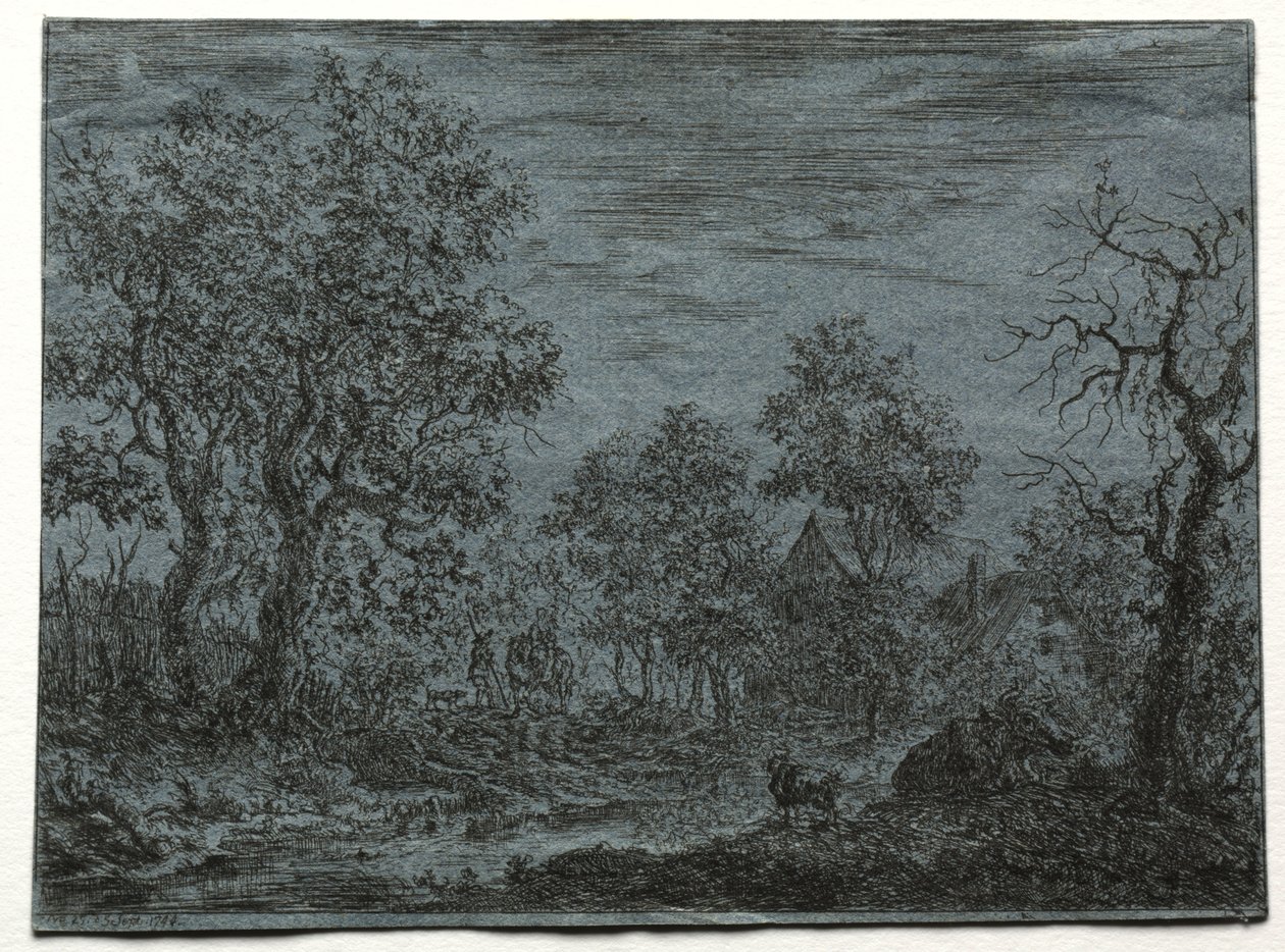 Bir İnek ve Keçi ile Ön Planda Küçük Bir Nehir by Christian Ludwig von Hagedorn