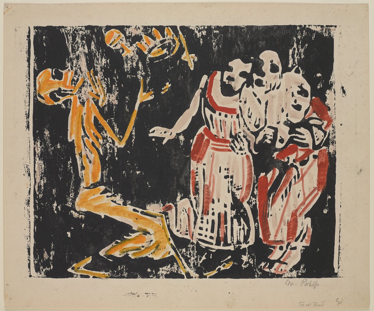 Death as Hokkabaz (Devrim) (Tod als Jongleur [Devrim]), 1918-19 (ağır dokuma kağıt üzerine sarı, kırmızı ve siyah renkli ahşap baskı) by Christian Rohlfs