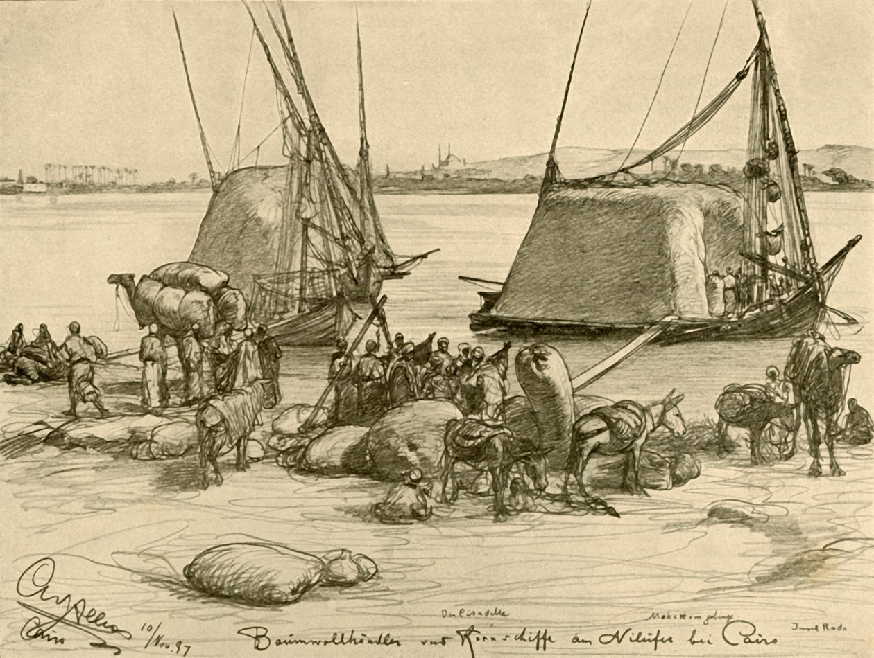 Tahıl teknelerine pamuk yükleme, Nil Nehri, Kahire, Mısır, 1898. by Christian Wilhelm Allers