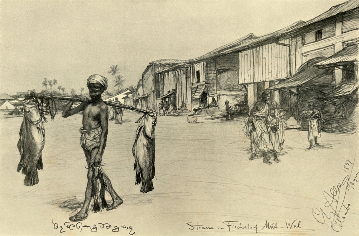 Bir balıkçı köyündeki sokak sahnesi, Mutwal, Seylan, 1898. by Christian Wilhelm Allers