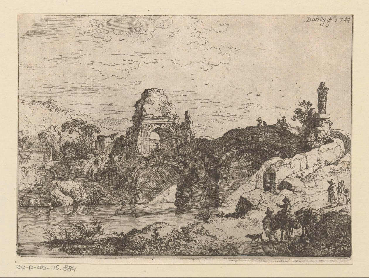Harap bir köprünün yanında bir kapının kalıntıları ile manzara by Christian Wilhelm Ernst Dietrich