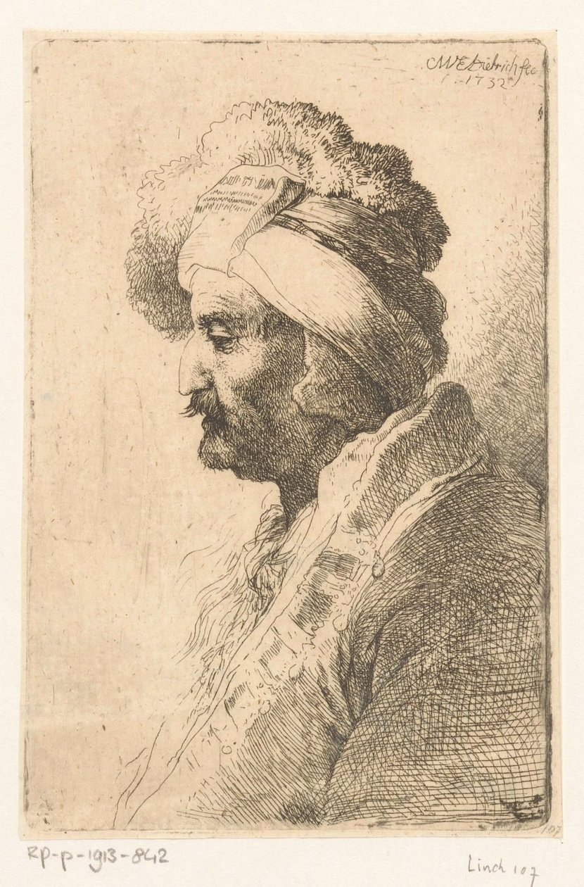 Kürk şapkalı adam aşağı bakıyor by Christian Wilhelm Ernst Dietrich
