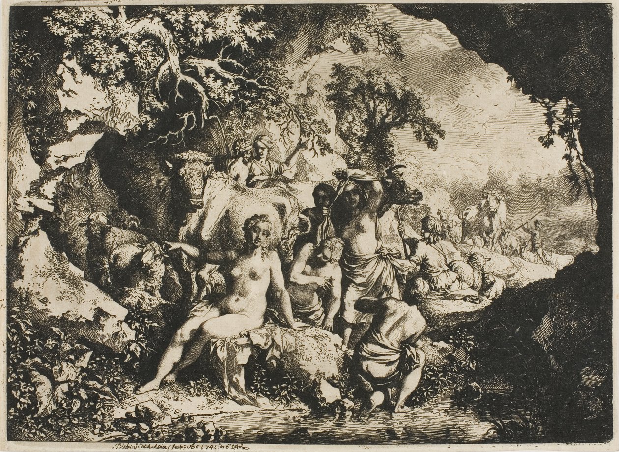 Bir Mağaranın Yakınında Yıkanan Periler by Christian Wilhelm Ernst Dietrich