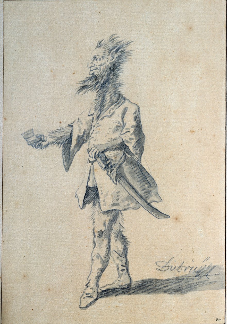 Vahşi adam Karikatürü, uzun, kıllı bir boynu ve yarık kulakları olan canavar bir adamı tasvir ediyor. Lavis, Christian Wilhelm Ernst Dietrich (1712-1774) 18. yüzyıl Güneşi. 0,3x0,2 m Paris, Louvre Müzesi by Christian Wilhelm Ernst Dietrich