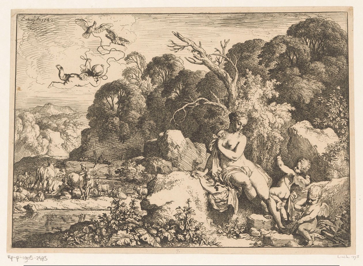 Üç putti eşliğinde bir kayanın üzerinde oturan Venüs by Christian Wilhelm Ernst Dietrich