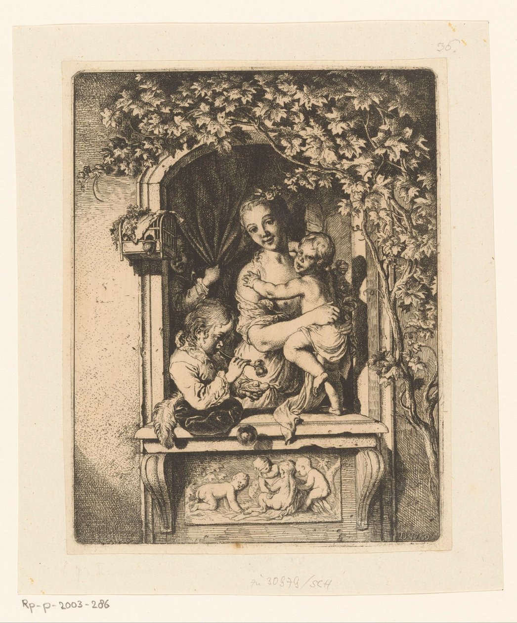 Dekore edilmiş pencerede çocuklu kadın by Christian Wilhelm Ernst Dietrich
