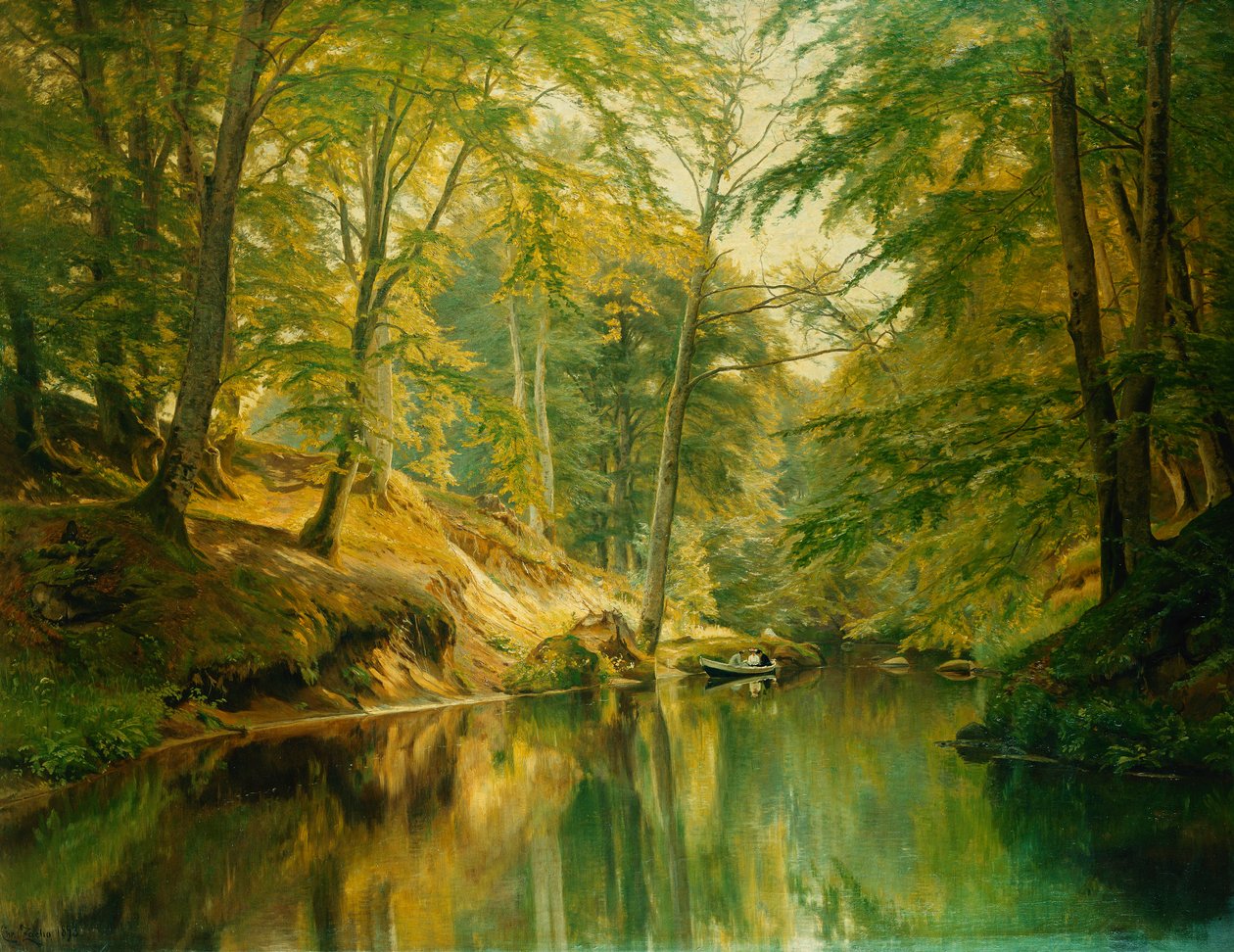 Bir Teknede Figürlerle Ormanlık Bir Nehir Manzarası, 1893 by Christian Zacho