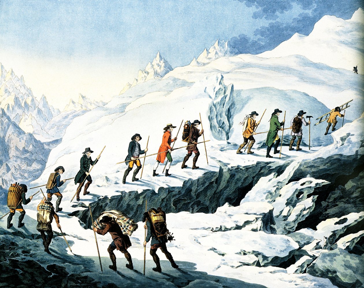 Horace-Benedict de Saussure tarafından Mont Blanc#39;a 2. Çıkış, ağustos 1787, Marquardt Wocher tarafından 1790#39;da yayınlanan renkli gravür by Christian von Mechel