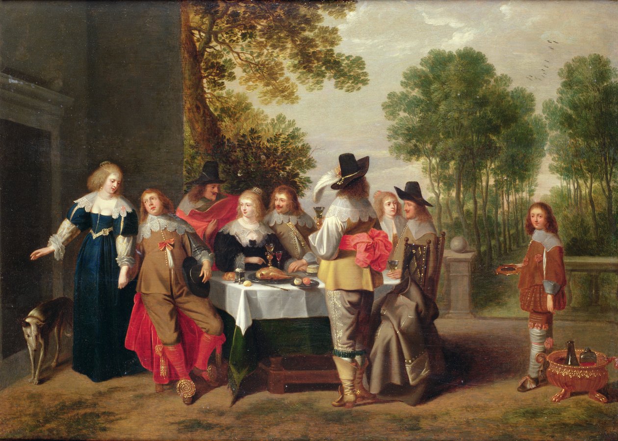Resmi Bahçede Bir Masada Oturan Zarif Şirket (boyalı panelde yağ) by Christoffel Jacobsz van der Lamen