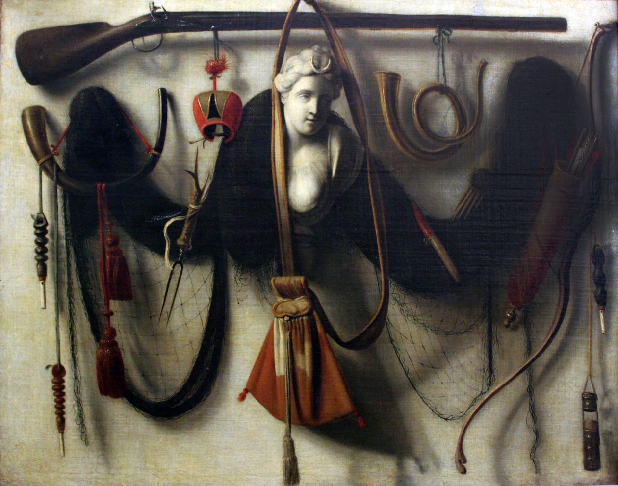 Artemis büstü, av silahları ve cihazları ile natürmort by Christoffel Pierson