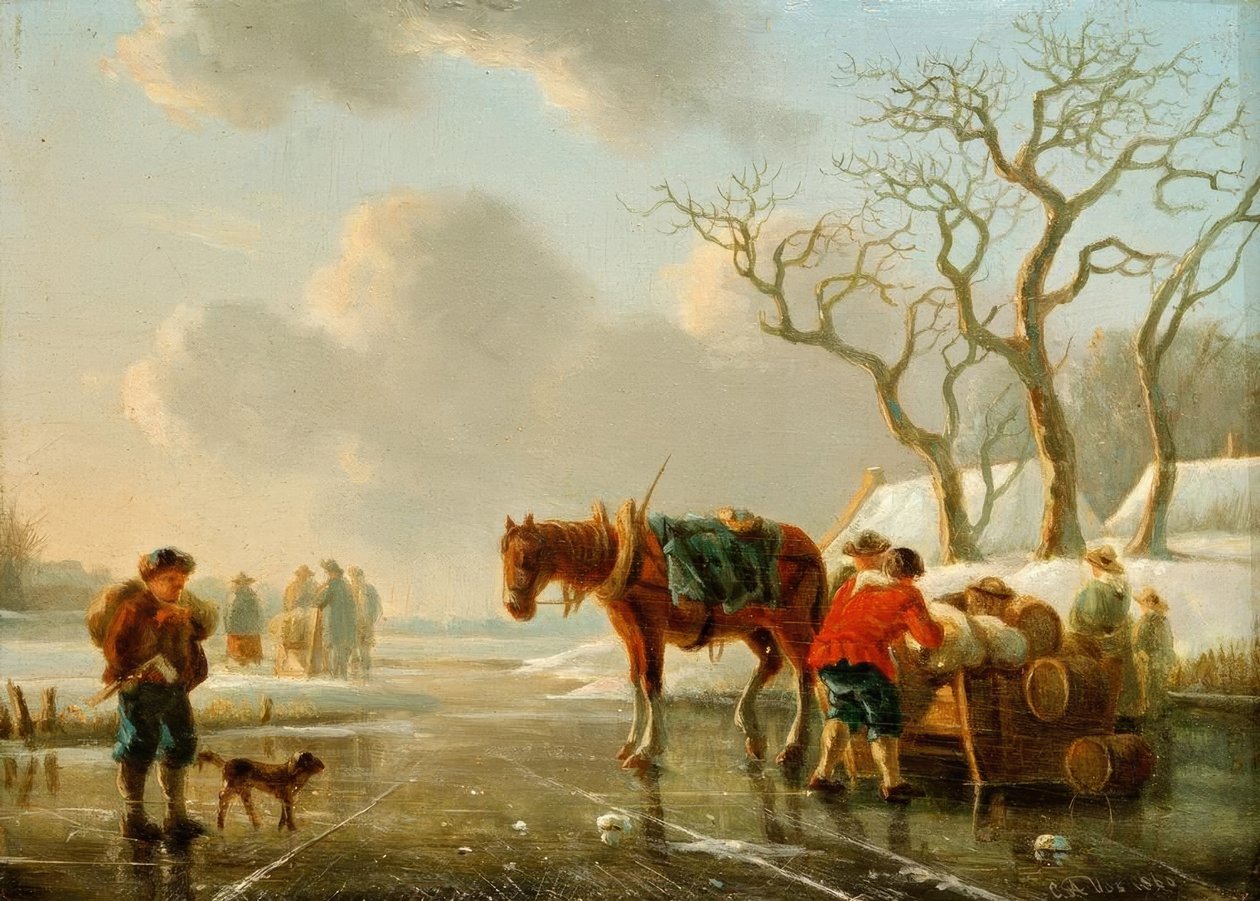 Buzlu nehirde kış akşamı by Christoffel Albertus Vos