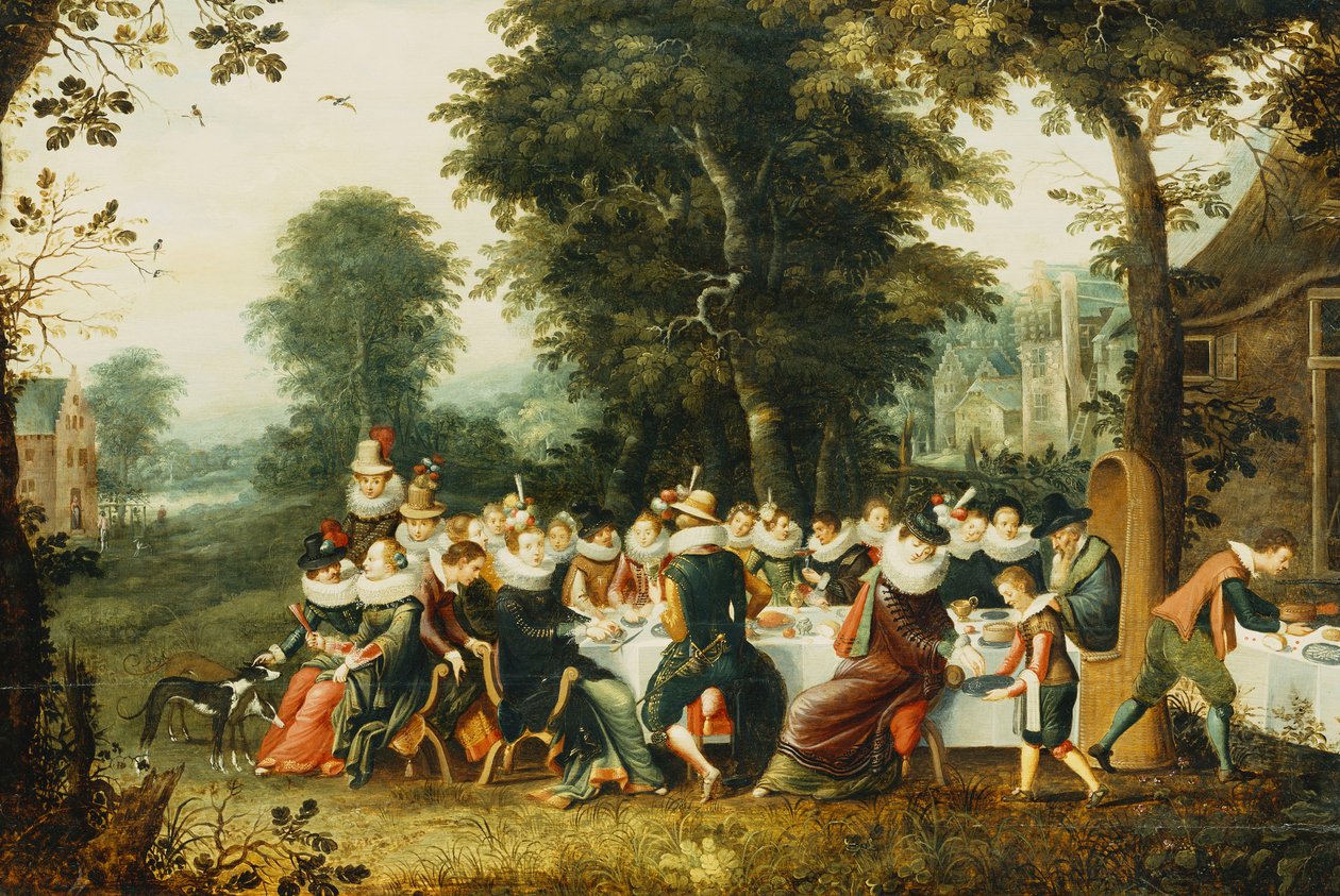 Ağaçlık Bir Açıklıkta Bir Ziyafet Masasında Oturan Zarif Figürler, by Christoffel Jacobsz van der Lamen