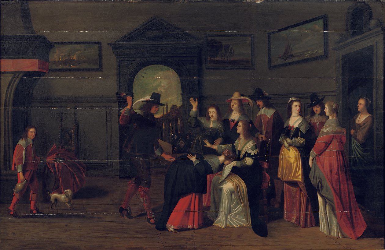 Bir iç mekanda La Main Chaude oyununu oynayan zarif şirket by Christoffel Jacobsz van der Lamen