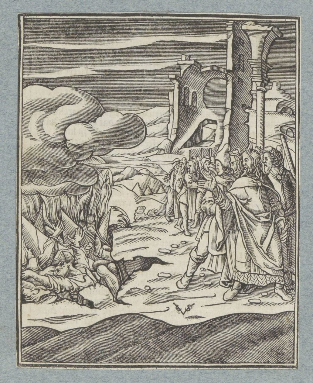 Korah, Datan, Abiram ve aileleri yeryüzü tarafından yutuldu by Christoffel van Sichem (II)