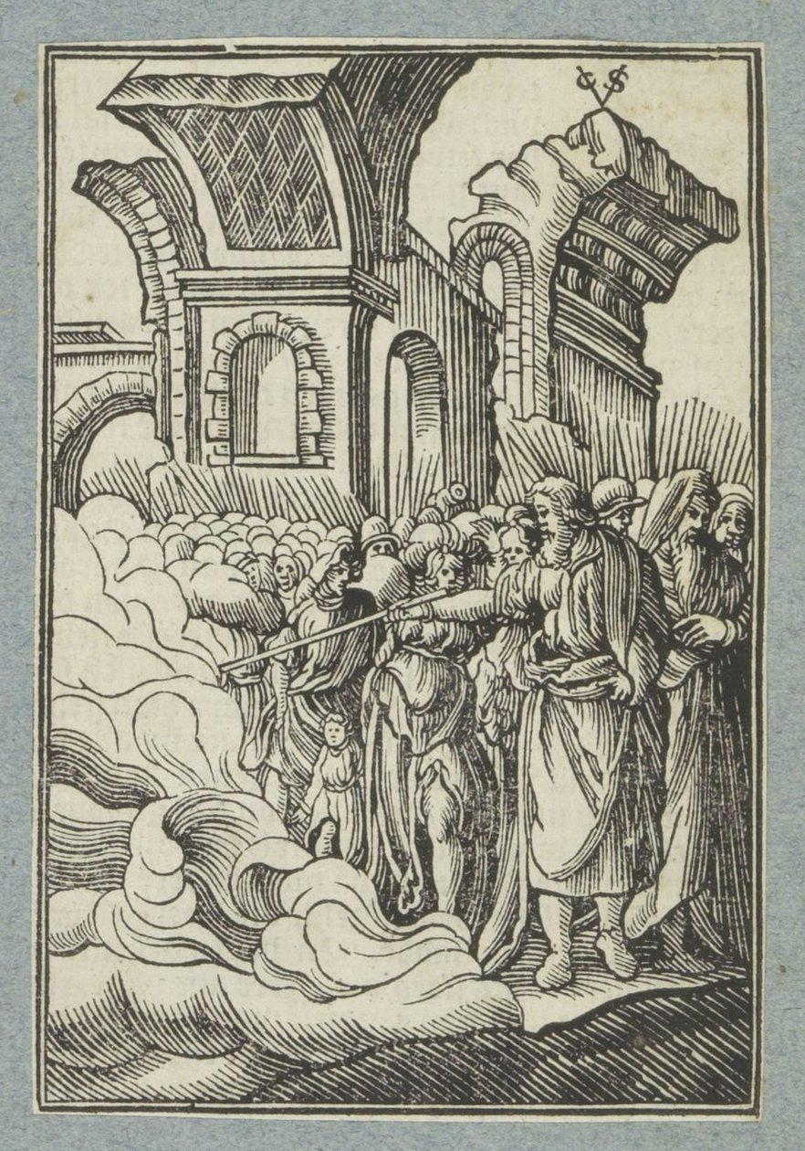 Musa asası ile suyu ikiye böler. by Christoffel van Sichem (II)