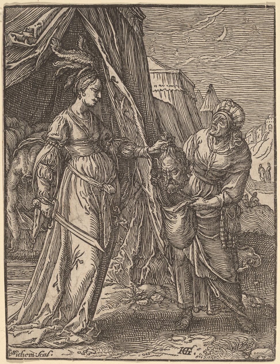 Holofernes Başkanı ile Judith by Christoffel van Sichem I, after Hendrik Goltzius