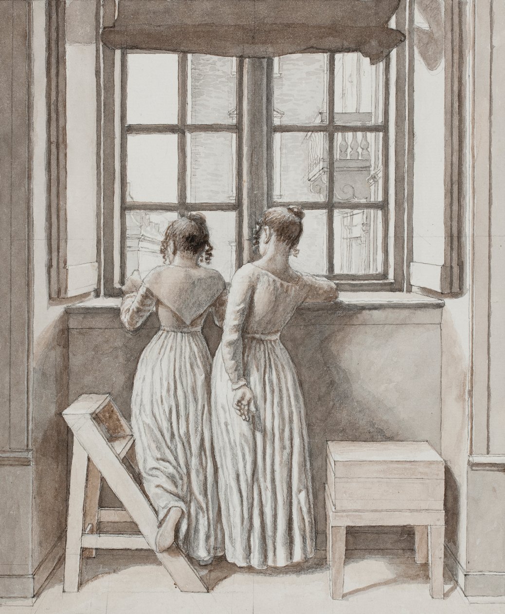 Sanatçının Stüdyosunda Bir Pencerede, 1852 (Açık mavi sulu boya çerçeveli kurşun kalem, gri mürekkep ve kahverengi sıva üzeri) by Christoffer Wilhelm Eckersberg