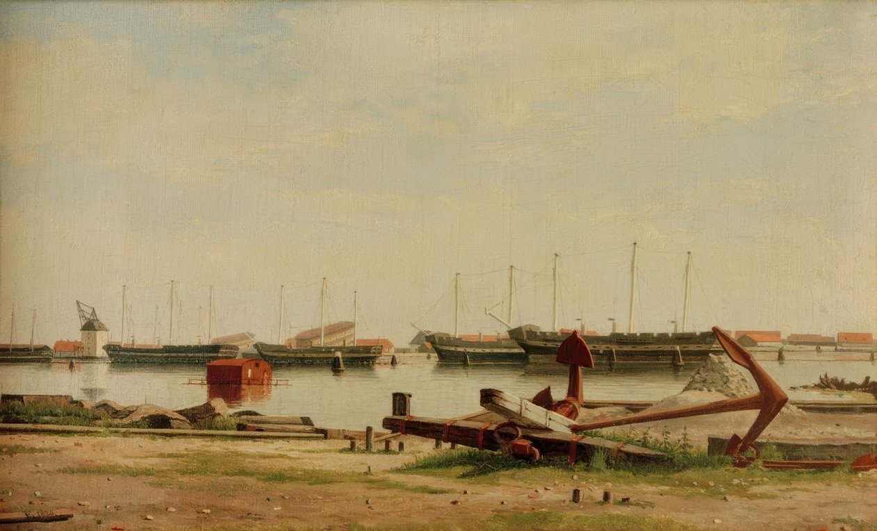 Vinç ve savaş gemileri ile Nyholm görünümü by Christoffer Wilhelm Eckersberg