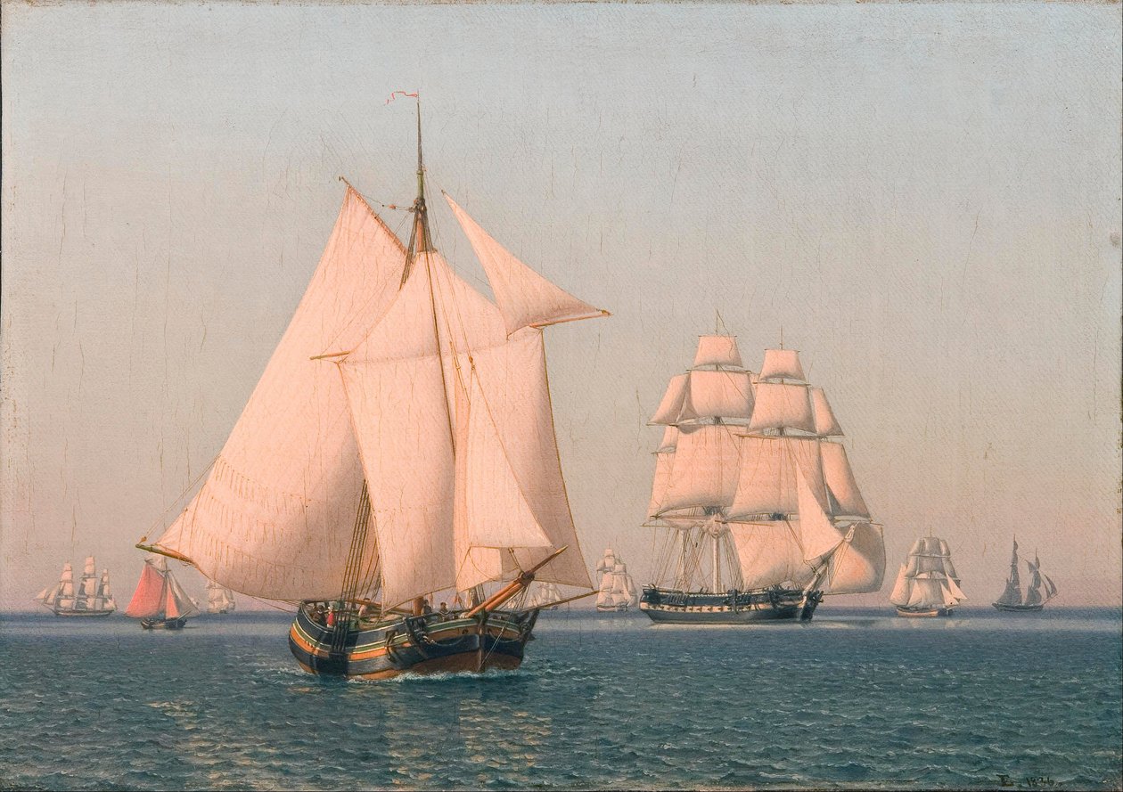 Açık bir yaz öğleden sonra hafif bir esintide yelkenli gemiler by Christoffer Wilhelm Eckersberg