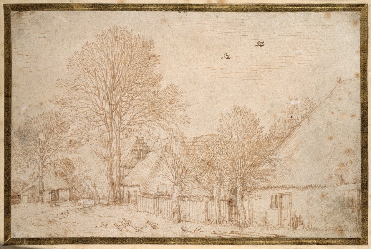 Sazdan binalar, neredeyse çıplak ağaçlar ve bir kaz sürüsü (kağıt üzerinde kalem ve mürekkep) by Kosma Sergejewitsch Petrow Wodkin