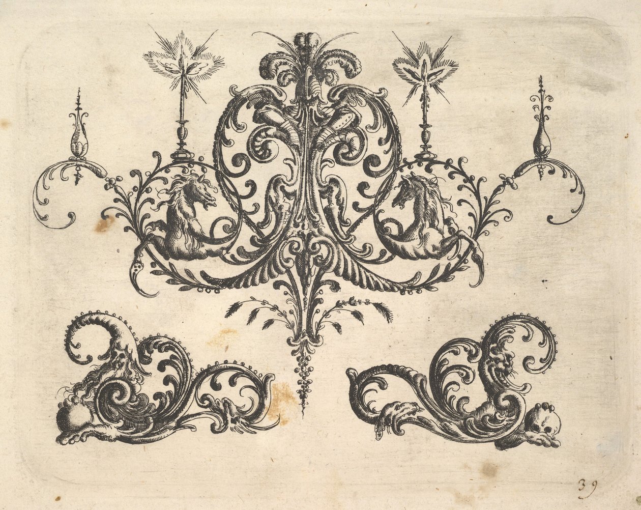 Yanan mumlar ve arabesklerle süslü, bazıları fantastik atla biten fantastik bir avize..., 1610. by Christoph Jamnitzer