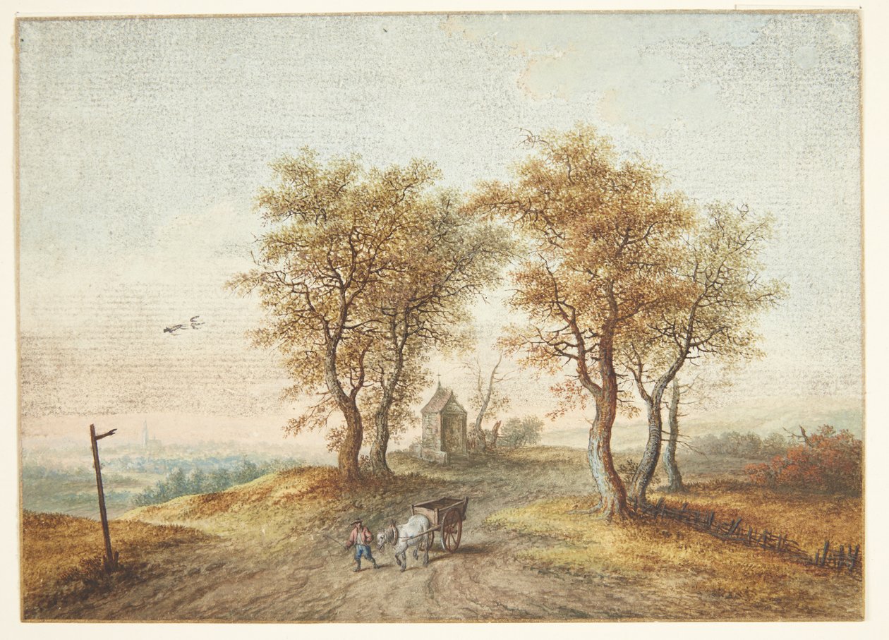 Bir köy yolunun ve bir şapelin etrafındaki ağaçlarla dolu manzara by Christoph Ludwig Agricola
