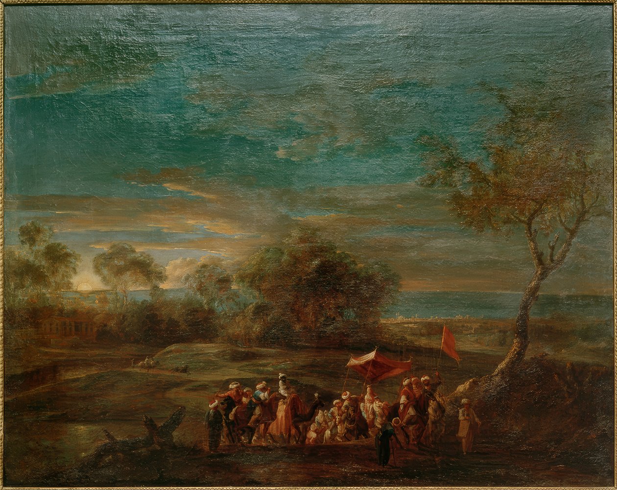 Doğulu bir gelin alayı ile sabah manzarası by Christoph Ludwig Agricola