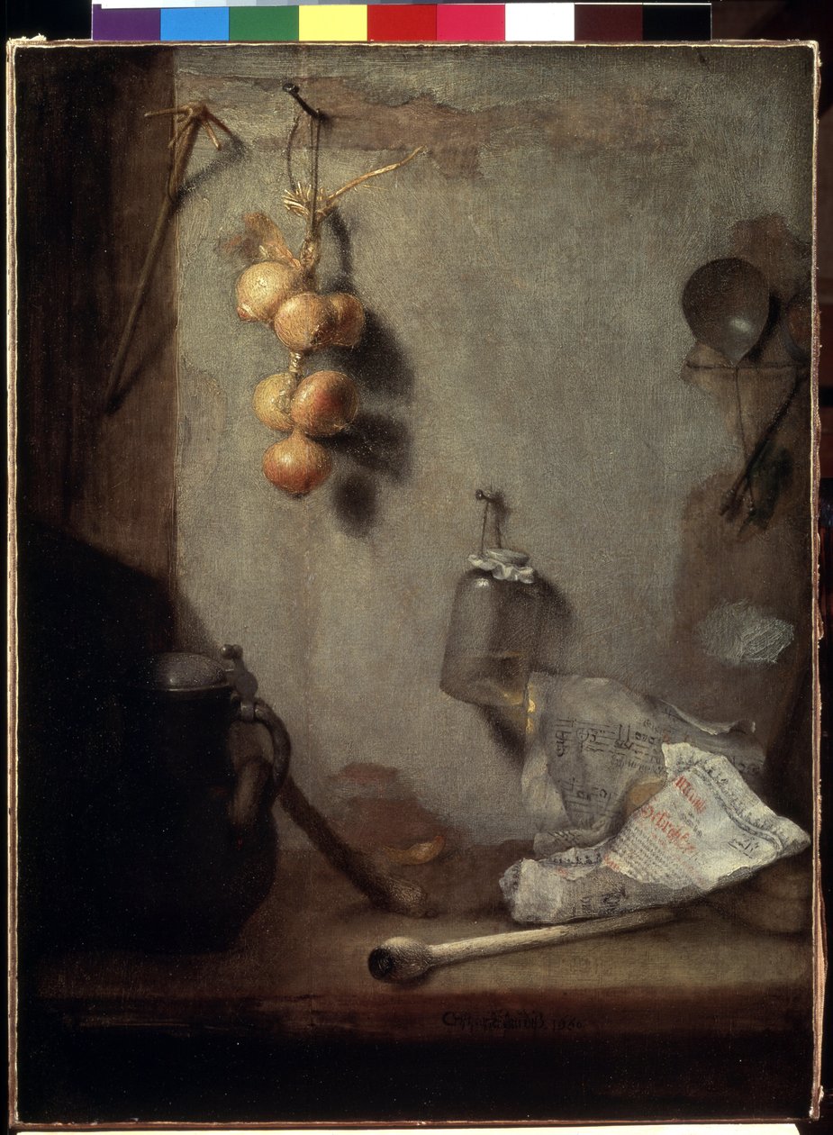 ""Natürmort"" (Natürmort) Soğan, mutfak masası ve cam kavanoz"" Christopher Paudiss (1630-1666) tarafından yapılan tablo 1660 Boyut 62x46,5 cm Hermitage Müzesi, Saint Petersburg by Christoph Paudiss