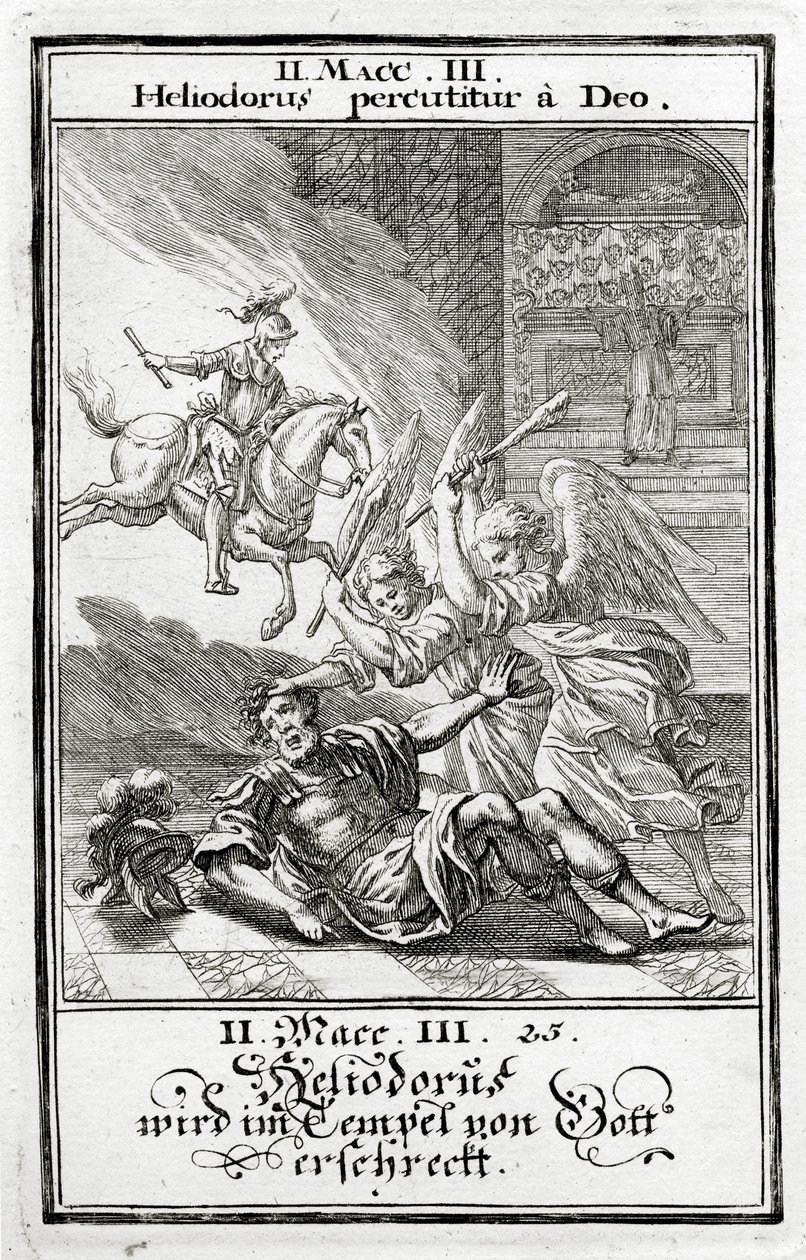 Tanrı bir tapınakta Heliodorus'u korkutur, 2 Makabiler (3:21-28), 1695 by Christoph Weigel