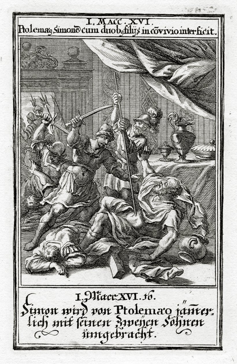 Simon ve iki oğlu Batlamyus tarafından öldürülür.1 Makkabiler 14:16, 1695 by Christoph Weigel