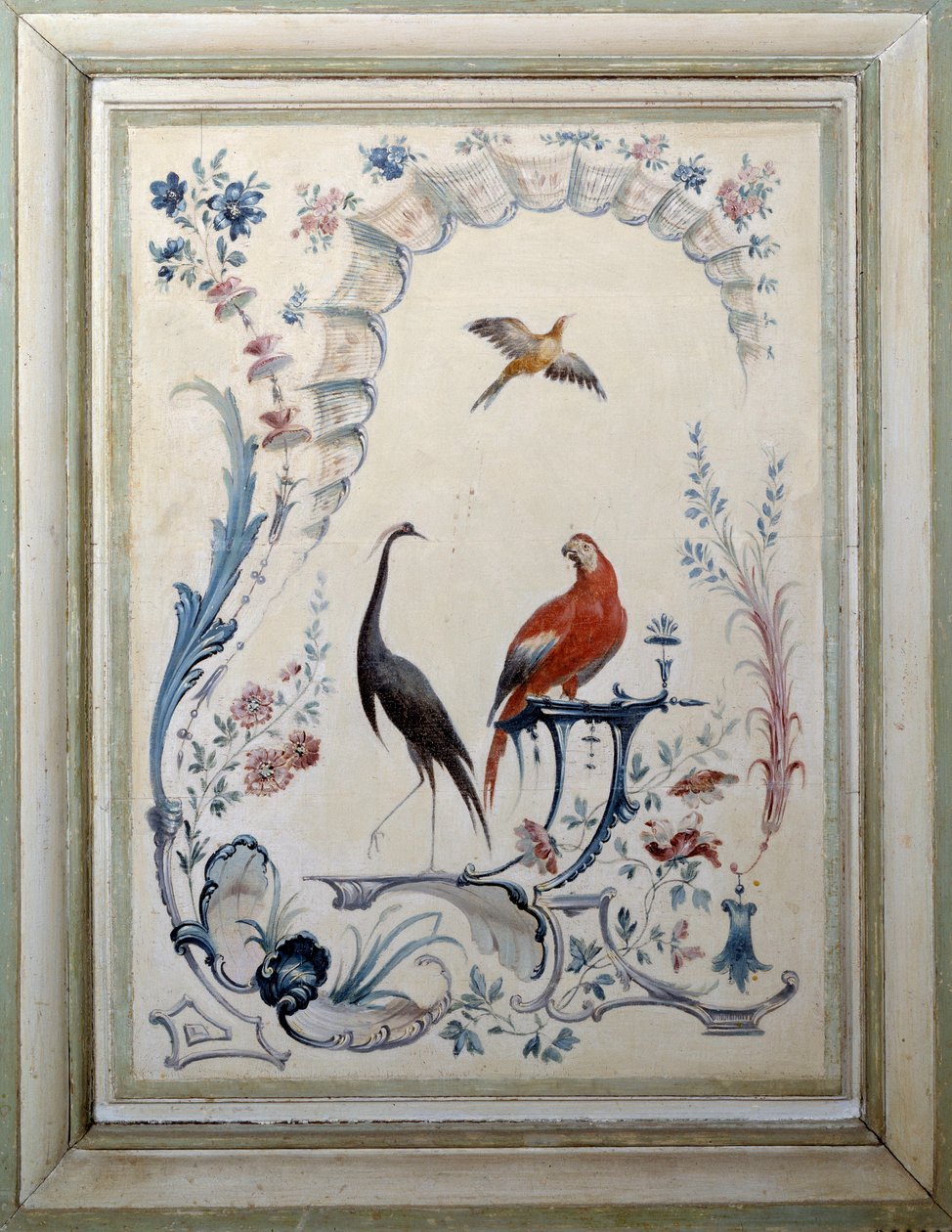Champs sur Marne şatosunun geniş oturma odasının kuş işaretleri. Christophe Huet (1700-1759) tarafından yapılan boyama by Christophe Huet