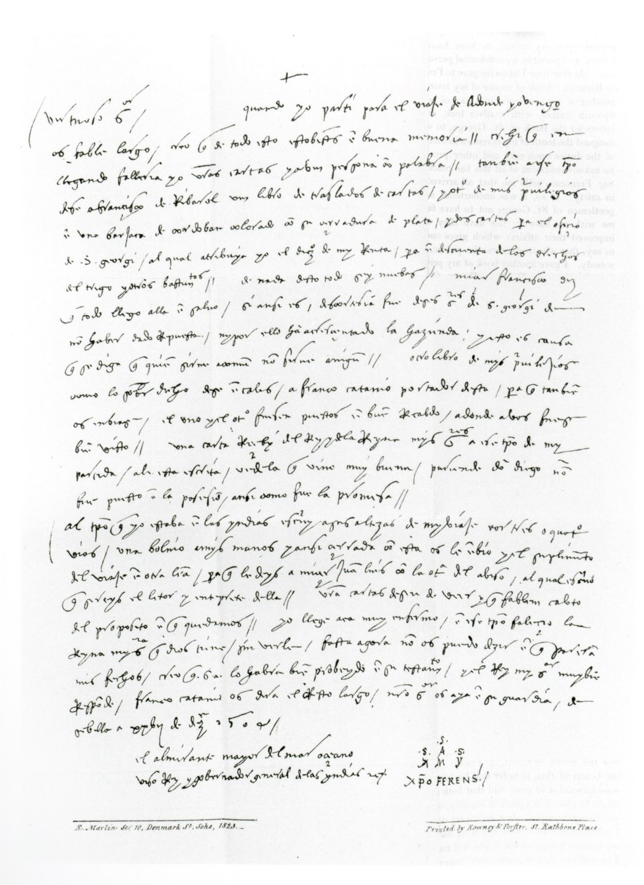 Kolomb'un Aralık 1504'te Doktor Oderigo'ya hitaben yazdığı mektup, "Memorials of Columbus; veya 1823'te yayınlanan That Celebrated Navigator'ın Otantik Belgeleri Koleksiyonu (bw pho by Christopher Columbus