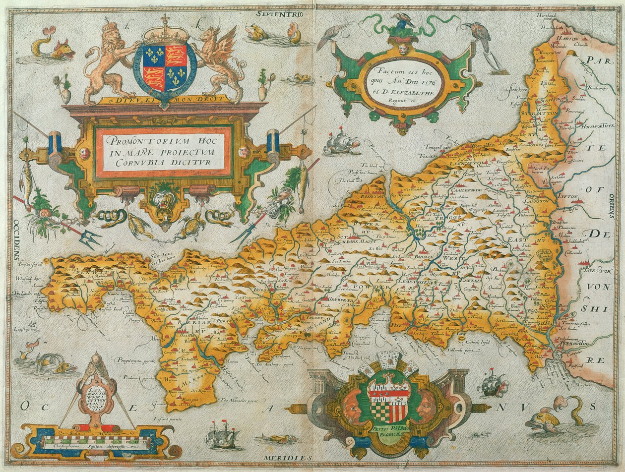 Cornwall County Haritası, 1579 (el renkli gravür) by Christopher Saxton