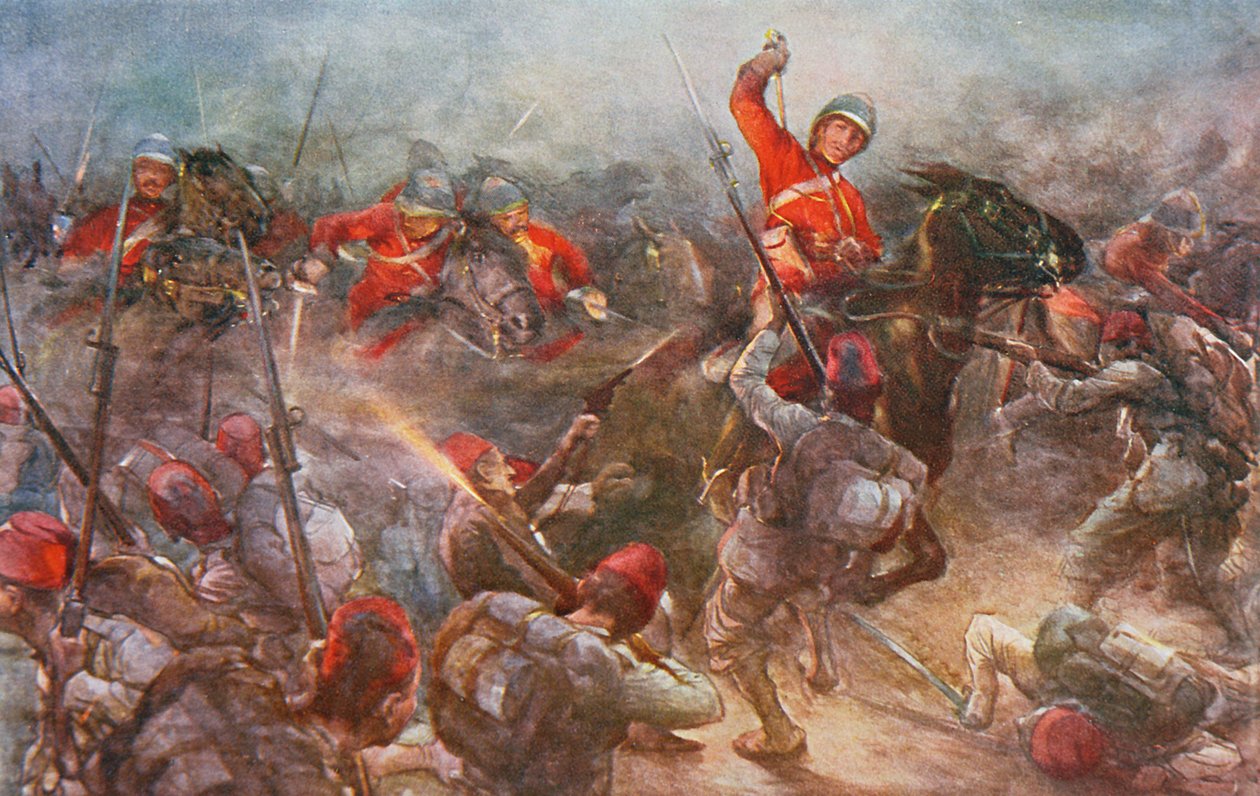 Kassassin'deki Drury Lowes Süvarilerinin Hücumu, 28 Ağustos 1882, Sir Evelyn Wood (1838-1919) 1915 tarafından düzenlenen 'Britanya Karada ve Deniz Savaşları'ndan bir örnek by Christopher Clark