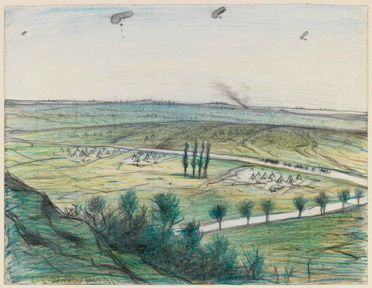 Gözlem balonlarıyla manzara, 1914-18 (kağıt üzerine kurşun kalem ve pastel boya) by Christopher Richard Wynne Nevinson