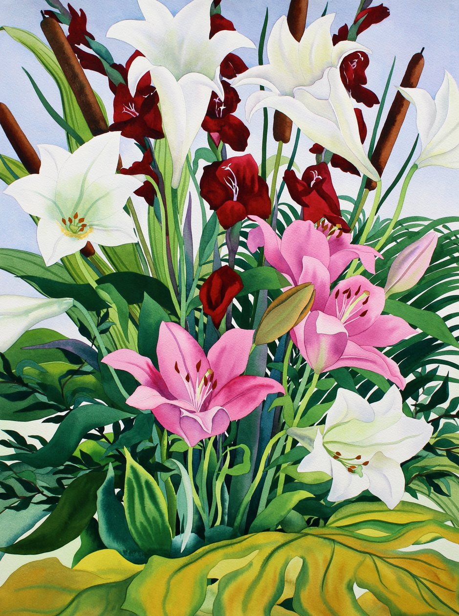 Zambaklar ve Bullrushes (kağıt üzerine sulu boya) by Christopher Ryland
