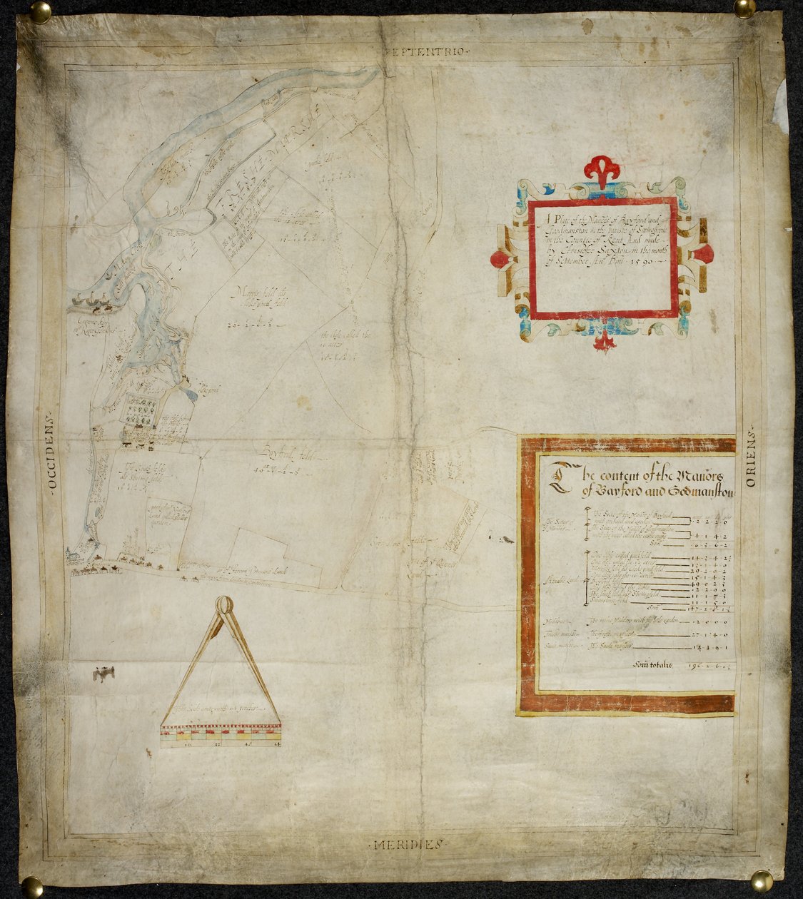 Murston ve Sittingbourne, co#39;daki Bayford ve Goodmanston malikanelerinin haritası. Kent: 1590 (parşömen üzerine mürekkep ve renkli yıkama) by Christopher Saxton