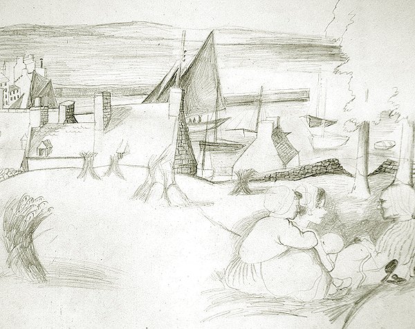 Breton Balıkçı Köyü, c.1929-30 (kağıt üzerine kurşun kalem) by Christopher Wood