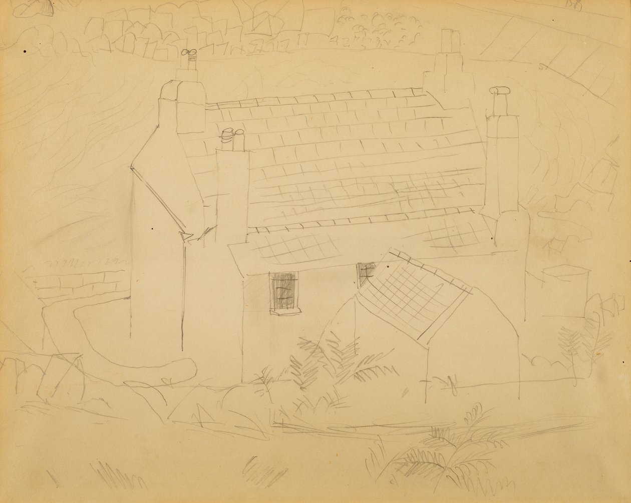 Kulübe, Cornwall (kağıt üzerine kurşun kalem) by Christopher Wood