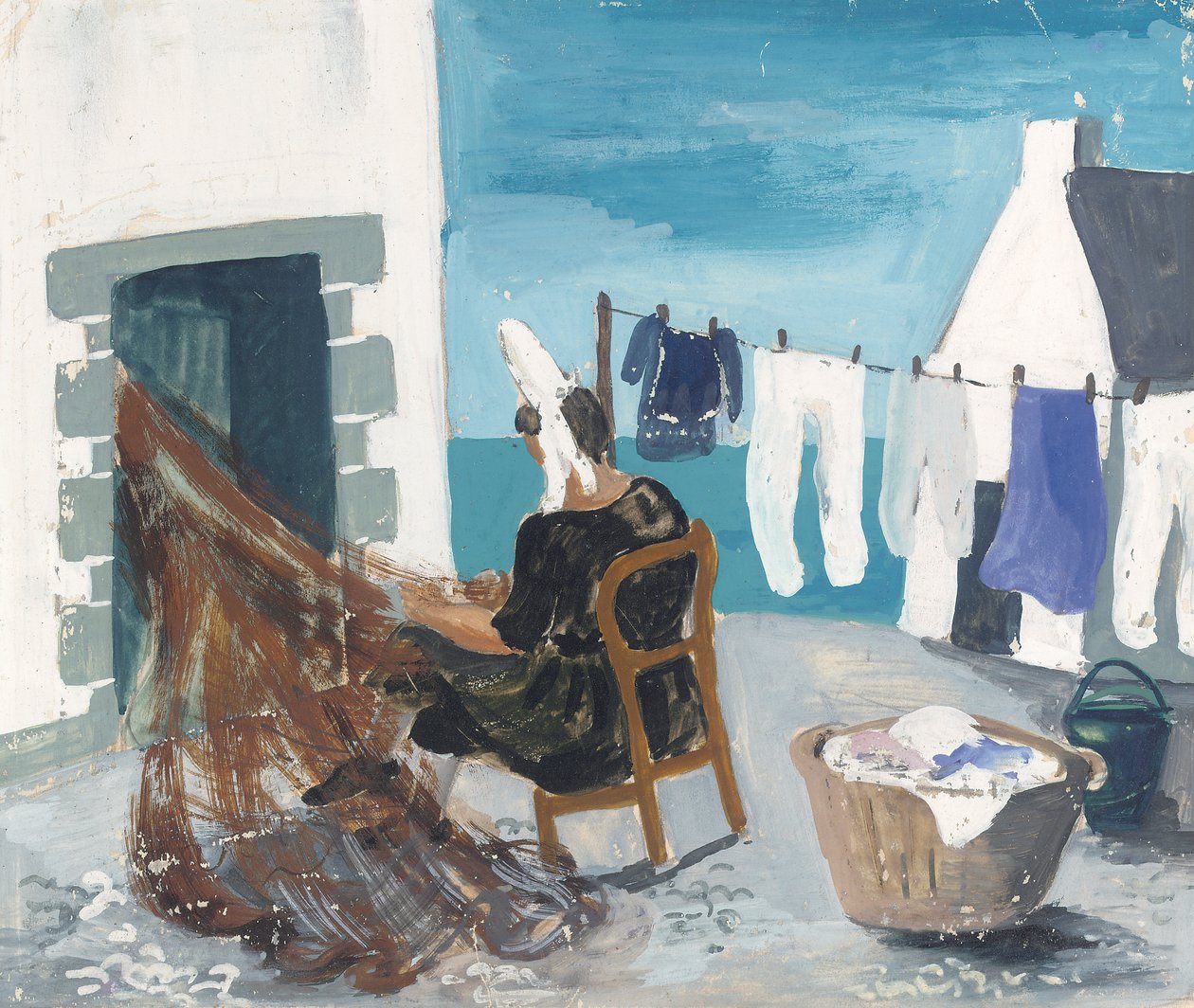 Ağları Onarmak, Tréboul, 1930 dolayları (kağıt üzerine kurşun kalem ve guaj boya) by Christopher Wood