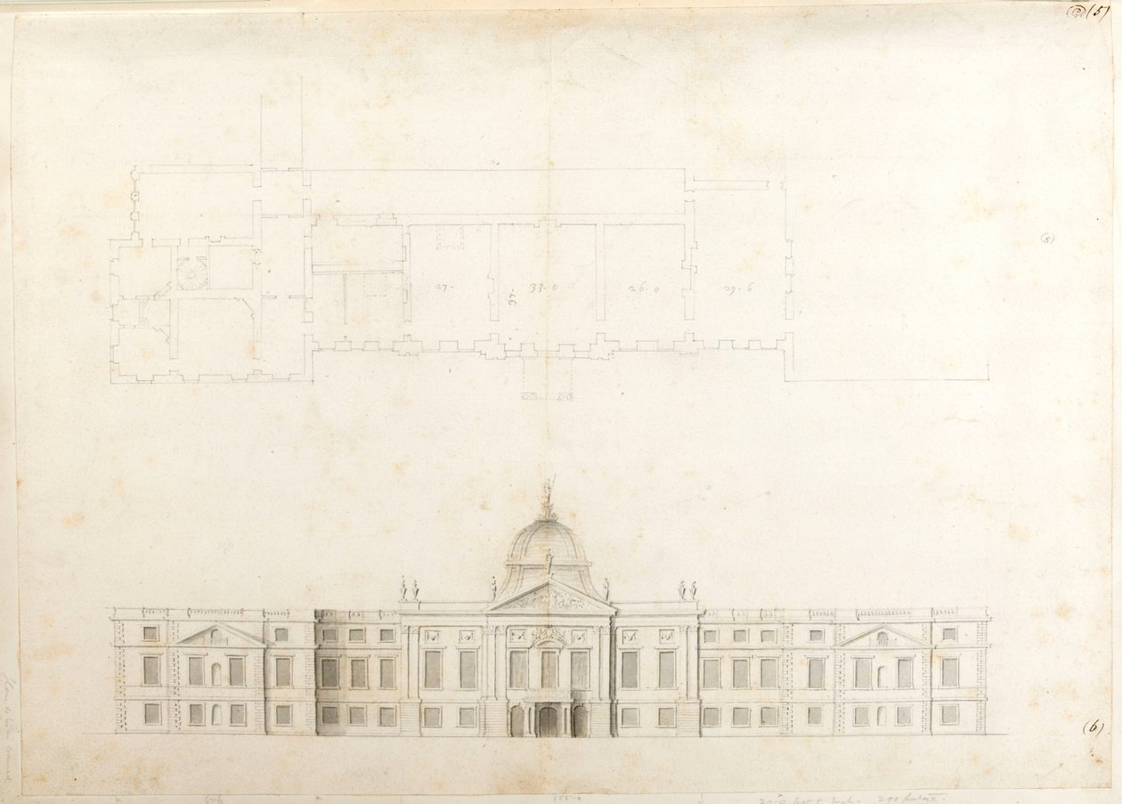 Hampton Court Palace, 5 ve 6 numaralı muhtemelen 2. şema için bir giriş cephesi için kısmi plan ve eskiz cephesi by Christopher Wren