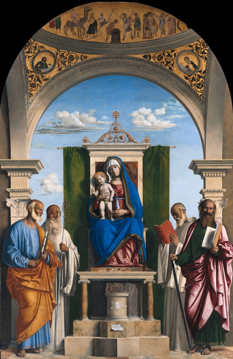 Çocuk ve SS Peter, Romualdus, Benedict ve Paul ile enthroned Madonna by Cima da Conegliano