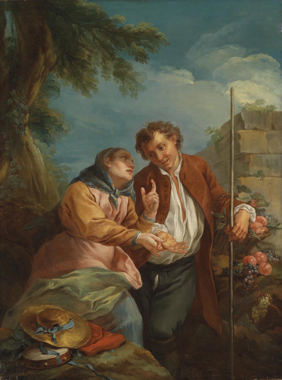 Eine Handleserin und ein junger Früchteverkäufer by Circle of Charles André van Loo