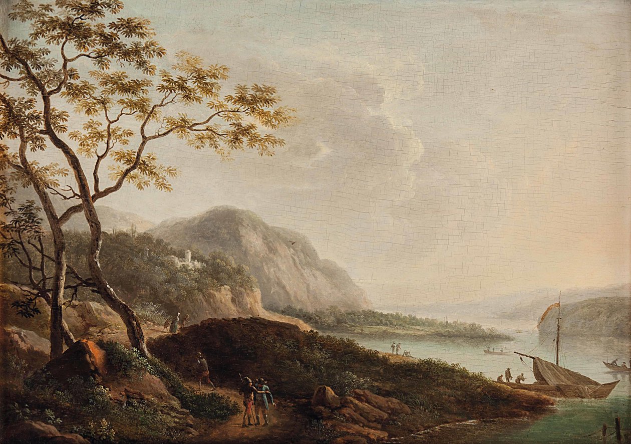 Personel ile güney göl manzarası by Circle of Jacob Philipp Hackert